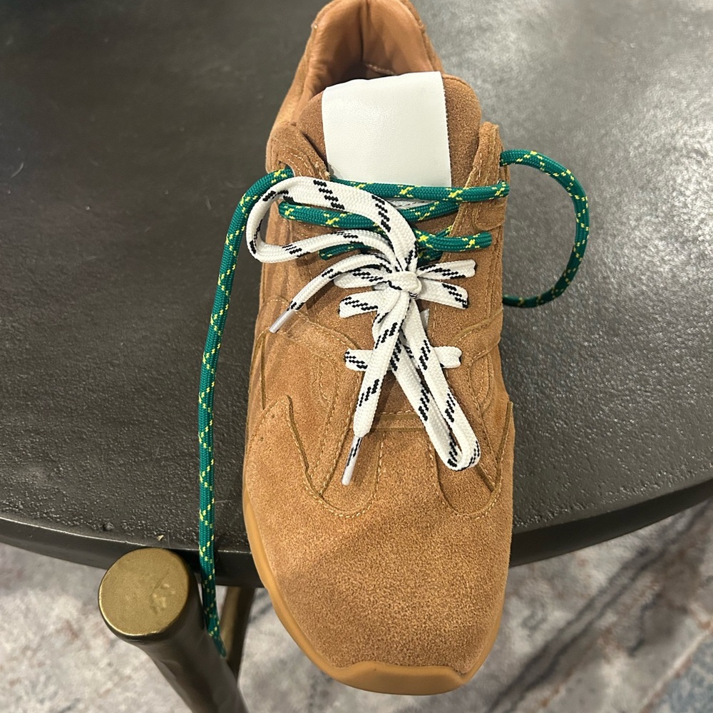 Women's Tan Suede Sneakers with Green Laces
